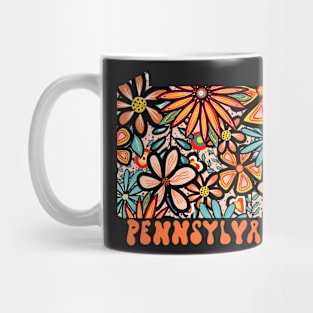 Pennsylvania State Design | Artist Designed Illustration Featuring Pennsylvania State Filled With Retro Flowers with Retro Hand-Lettering Mug